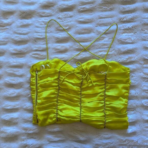 For Love and Lemons Yellow Satin Corset Ruched Crop Top with Rhinestones - Picture 7 of 13